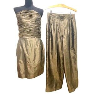 4PC Set Couture Skirt, Top, Pants & Hair Accessory  Ruched Top Back Zipper Gold